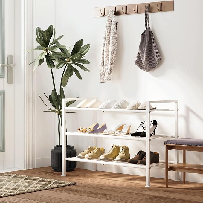DongRong White Shoe Rack,3 Tier Metal Simple Shoe Storage Organizer Multi-Functional Shelf for Closet,Entryway, Garage,Dorm Room(White, 3 Tier)