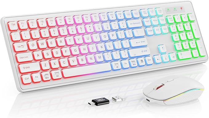 Wireless Keyboard and Mouse - RGB Backlit, Rechargeable & Light Up Letters, Full-Size, Ergonomic Tilt Angle, Sleep Mode, 2.4GHz Quiet Keyboard Mouse for Mac, Windows, Laptop, PC, Trueque(White)