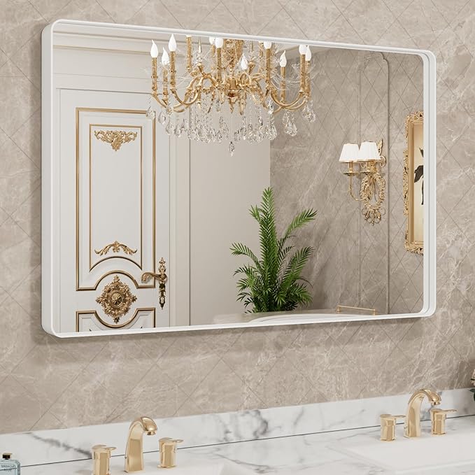 LOAAO 48x30 Inch White Metal Framed Bathroom Mirror for Wall, White Bathroom Vanity Mirror Farmhouse, Large Rounded Rectangle Mirror, Anti-Rust, Tempered Glass, Hangs Horizontally or Vertically