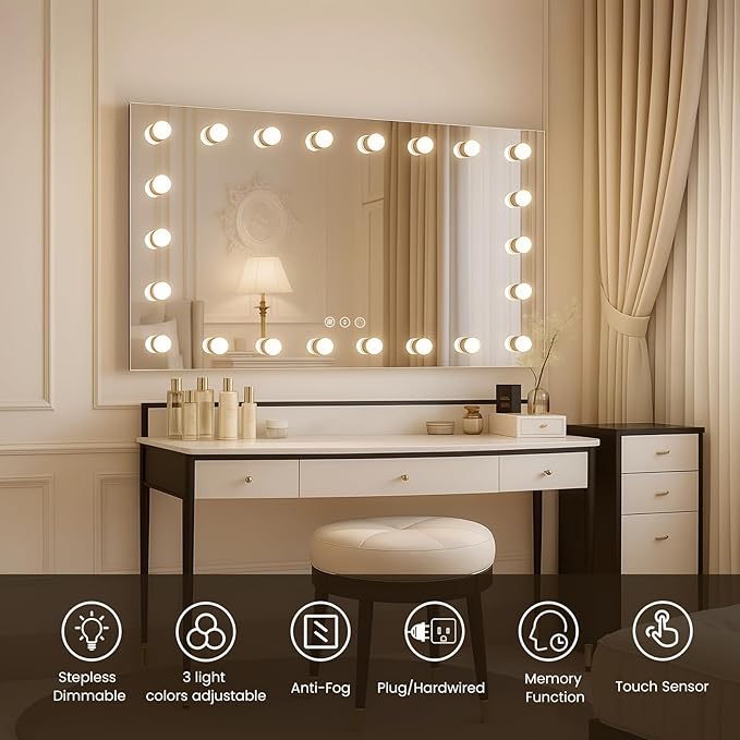 WTTY 60"x28" Hollywood Vanity Mirror with Lights, Wall-Mounted Makeup Mirror with 3 Color Temperatures, Stepless Dimmable Bulbs, Anti-Fog & Shatter-Proof