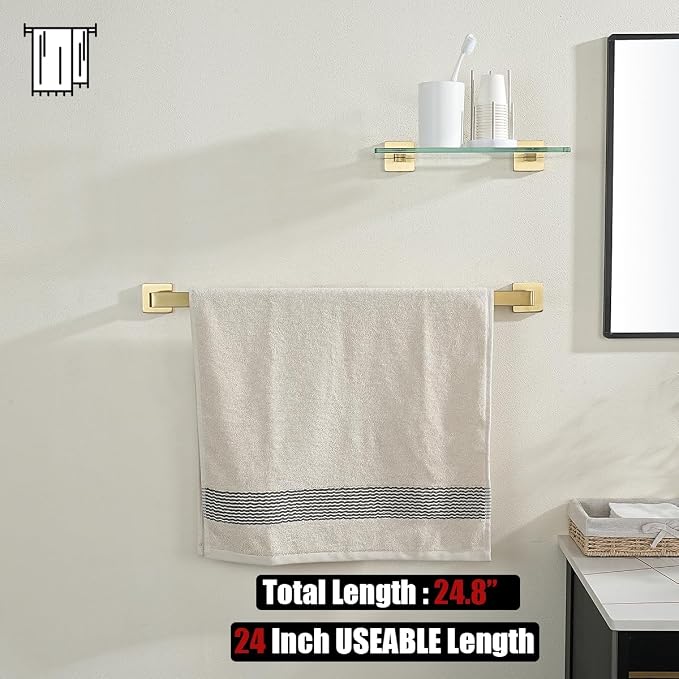JQK Gold Towel Bar, Rounded Edges 26.41 Inch Towel Rack, 304 Stainless Steel Bathroom Wall Mount, Useable Length 24 Inch, TB250L24-BG