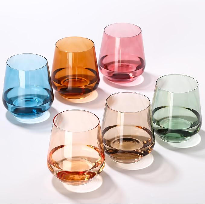 Color Stemless Wine Glass Set of 6-17oz Wine Glasses, Stemless Drinking Glasses for Wine, Cocktails & Beverages - Elegant Glassware for Home, Bar & Holiday Use