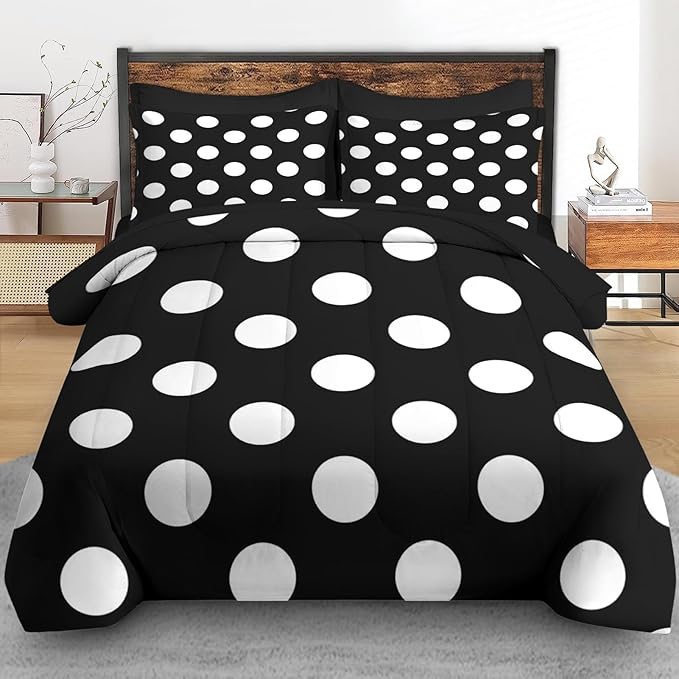 Comforter Set Queen Size, Polka Dot 7 Pcs Bedding for Kids and Adults, Black and White Bed Sheet Sets with Fitted Sheet 2 Pillowcase & 2 Sham for Bedroom Bed Decor