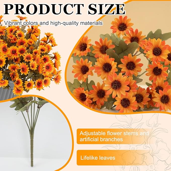 Artificial Mums, Artificial Sunset Mums, Artificial Outdoor Sunset Mum-s Flowers - UV Resistant, Waterproof, Windproof, Reflecting Autumn Vibe (Orange - 10 Bundles)