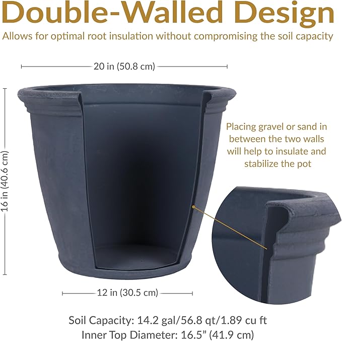 Sunnydaze 20-Inch Anjelica Large Plastic Pot for Plants - Double-Walled Outdoor Polyresin Round Planter Porch Pot with Drillable Drainage Holes - Slate - 2pk