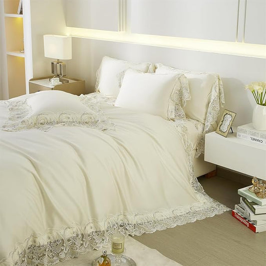 mixinni Luxury Satin Duvet Cover Set with Embroidery Lace, Silky Soft Bedding Set (1 Duvet Cover + 2 Pillowcases), Cream White - Elegant Bedroom Comforter Cover, Vintage Royal Style-Queen Size