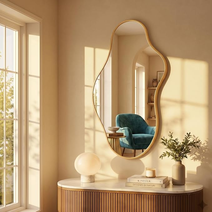 Dorlicecass Bathroom Mirrors for Over Sink - Long Wall Mirrors Decorative 20"x 36" Asymmetrical Abstract Aviation Aluminum Alloy Frame Unique for Bedroom, Living Room, Cloakroom, Entryway Gold
