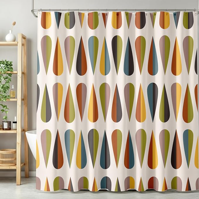 Mid Century Modern Shower Curtain,Colorful Abstract Geometric Drop Shapes Art Style Shower Curtains Set for Bathroom Fabric Decorative Bath Curtain Washable Curtain Hooks, 72x72”