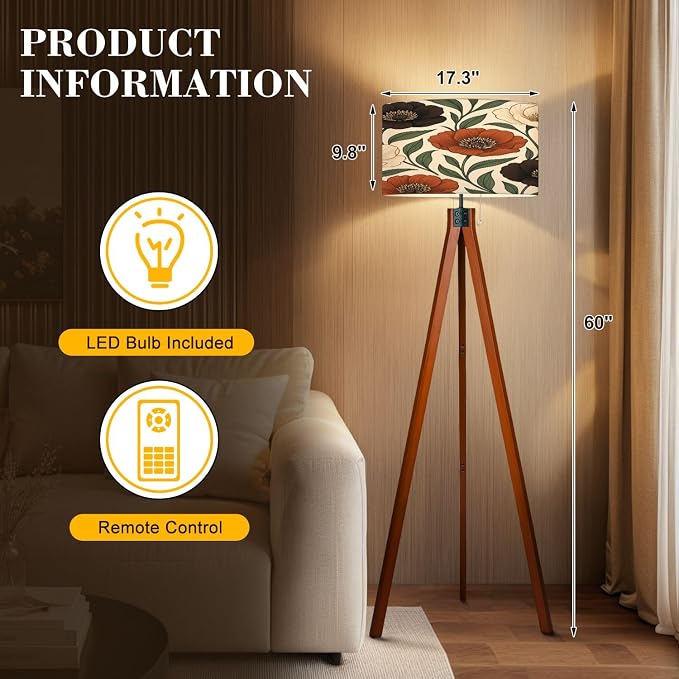 Wood Tripod Floor Lamp Boho Brown Green Orange Peony Floral Vintage Peony Flowers Various Mid Century Standing Lamp Linen Shade Dimmable Modern Tall lamp Home Decor for Living Room Bedroom Office
