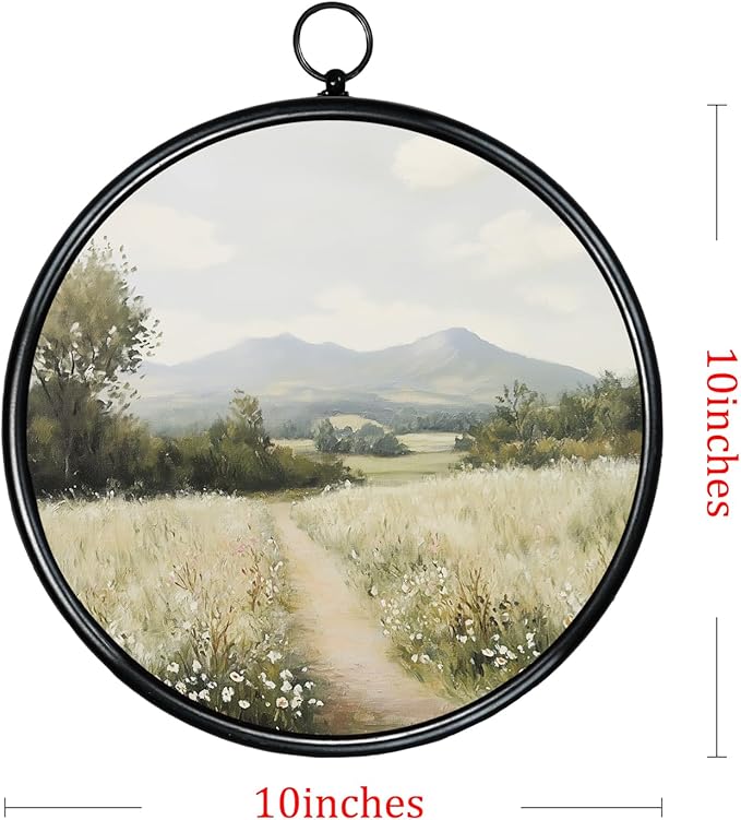 XIAOAIKA Round Vintage Wall Hanging Decor, Printed Textured Surface with Wood Back, Country Path Design, Black Metal Frame, Ready to Hang for Living Room Bedroom, 10 Inch