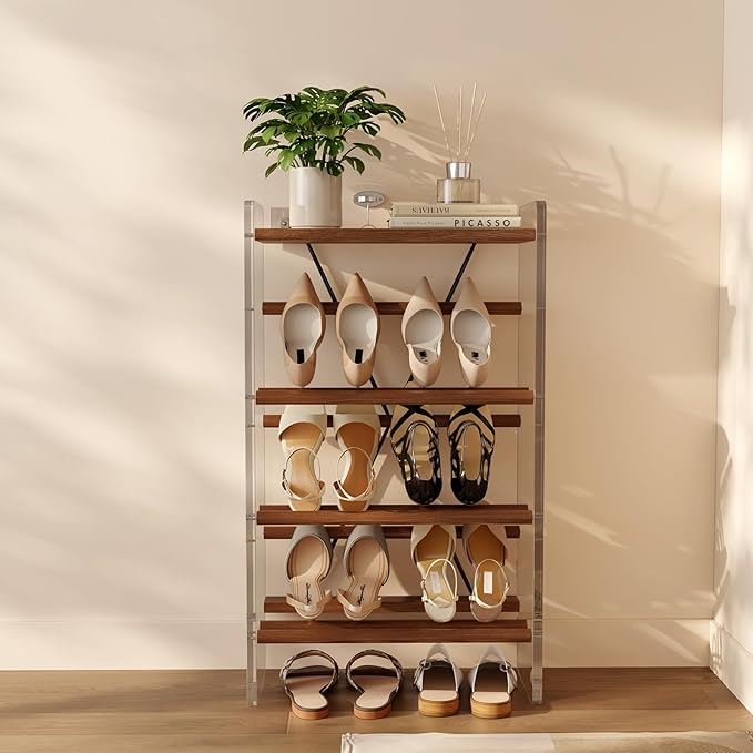 YQJJGL Free Standing Shoe Rack & Closet Shoe Shelf, for Entryway Small Space, Front Door, Garage, 4-Tier Slanted, Solid Wood & Acrylic Frame with Top Shelf Storage