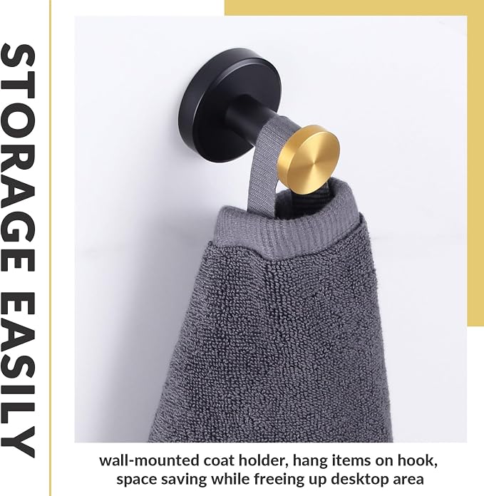 APLusee Black Gold Robe Towel Hook, Stainless Steel Coat Hanger, Clothes Holder for Bath Toilet Accessories, Wall Mounted
