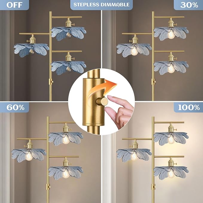 Gold Dimmable floor lamp ,tall lamp for living room corner ,mid century modern floor lamp Brass Tree Lamp Blue Glass Shade ,Standing Lamps vintage retro floor light for Bedroom corner Study Office
