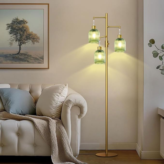 Modern Floor Lamps for Living Room, Glass Standing Lamp with Green Shade, Dimmable Ribbed Glass 3 Lights Floor Lamps, Mid Century Tall Lamp for Bedroom, 3 Bulbs Included