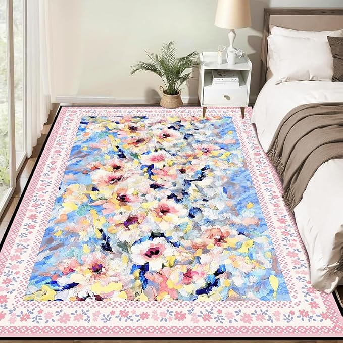 Floral Oil Painting Area Rug Watercolor Flower Print Rugs for Entryway Bedroom Living Room Nursery Kitchen Playroom Home Decor Washable Low Pile Floor Mat Carpet,4'x6'