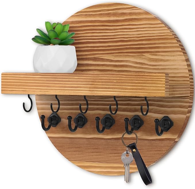 Nekon Key Holder Wall Mount, Key and Mail Organizer for Wall, 9.8 Inch Round Wooden Rustic Wall Organizer for Entryway, Hallway, Kitchen, Office (Light Brown)