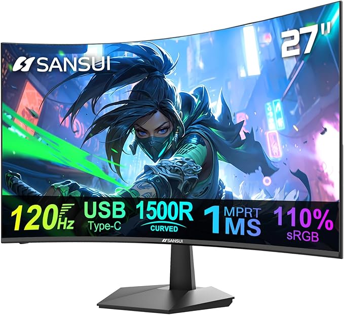 SANSUI Curved Monitor 27 inch 120Hz USB Type-C Computer Monitor with Speakers Built in丨FHD 1080p丨HDR丨110% sRGB丨1500R丨VESA Compatible,for Tablet,Desktop,Laptop and PC Work Gaming
