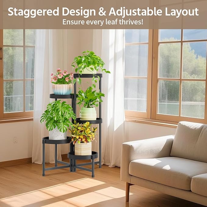 LASZOLA 5 Tiered Plant Stand Indoor Outdoor with Plastic Tray, Corner Folding Tall Flower Display Rack, Modern Plant Holder Shelf for Outdoor Patio Porch Garden Office Living Room, Black