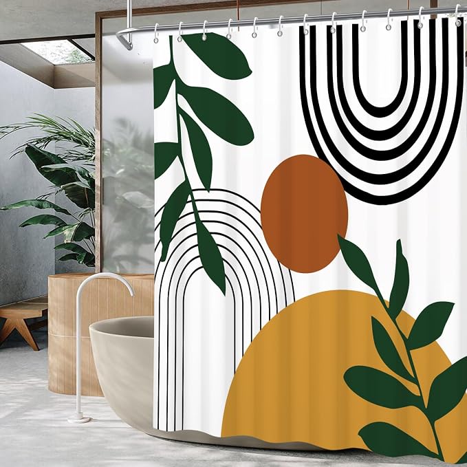 Boho Geometric Shower Curtain White Beige Mid Century Abstract Arch Curve Bathroom Curtain Minimalistic Sun Shower Curtain Sets for Bathroom Extra Long 66x72 in with 12 Hooks