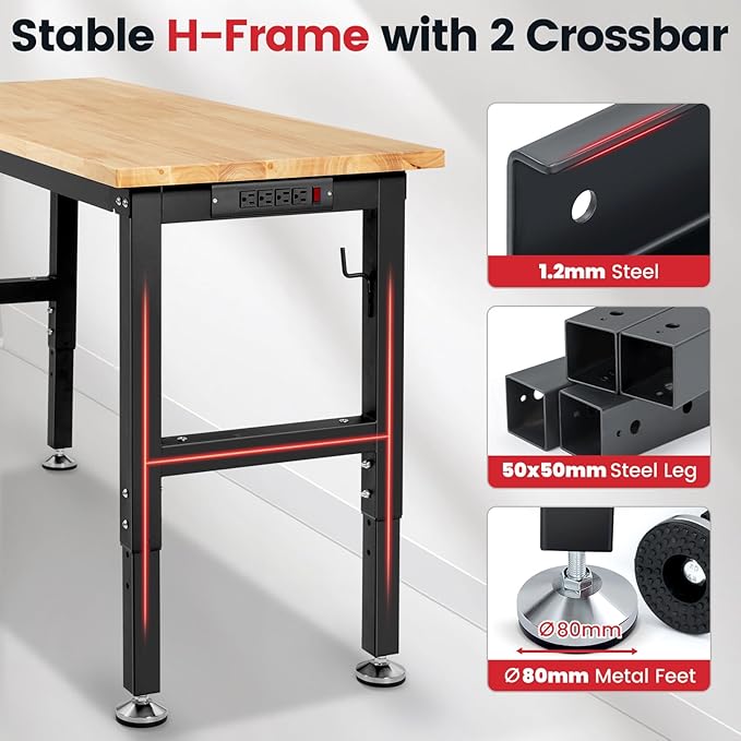 Workbench for Garage 48 Inch Work Bench Table Adjustable Height Rubberwood Tabletop Work Table with Power Outlets for Woodworking Shop Home Office Electronic Cutting Wood