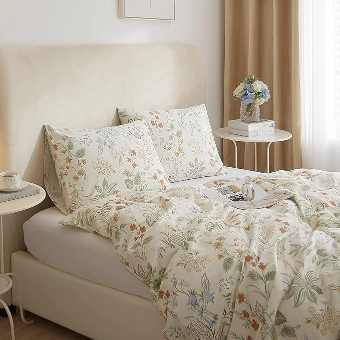 HighBuy Beige Comforter Twin XL Size with Green Floral 3 Piece Cute Soft Bedding Comforter Set Lightweight All Season Aesthetic Boho Comforter for Women Girls,Ultra Soft Kids Bedding Set