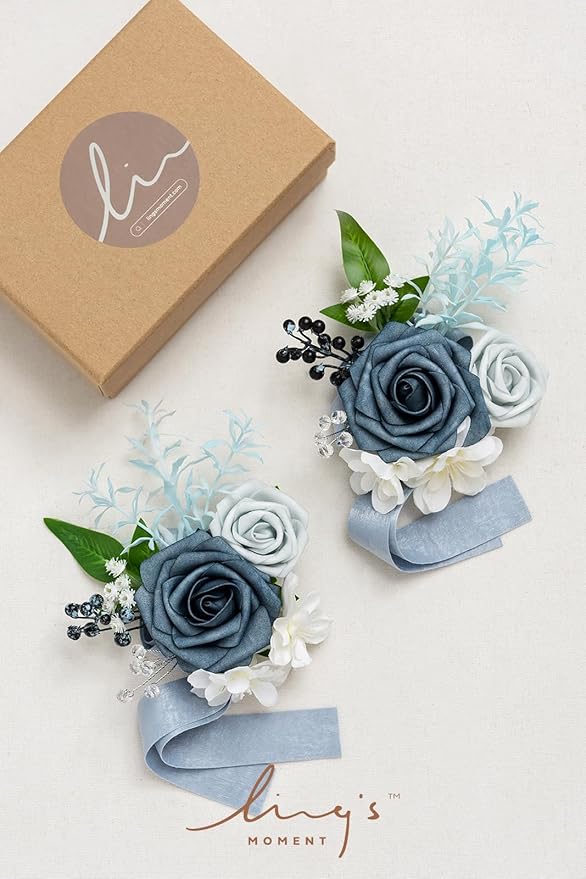 Ling's moment 2pcs Prom Wrist Corsage Artificial Flowers, Girl/Mother Corsages Wristlet Décor for Homecoming/Wedding/Anniversary, etc. Dusty Blue