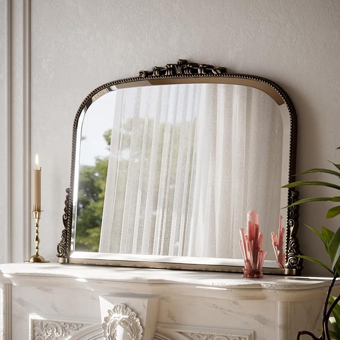 27"×36" Bronze Wide Arched Wall Mirror, Vintage Carving Bathroom Vanity Makeup Mirror, as Wall Decor Hanging Leaning for Fireplace Mantle, Living Room, Bedroom, Vanity Area