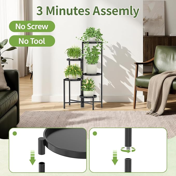 LASZOLA 5 Tier Large Plant Stand Indoor Tall with Grow Lights, Corner Folding Flower Display Rack with 10 Inch Metal Tray, Modern Plant Holder Shelf for Outdoor Patio Porch Garden Living Room, Black