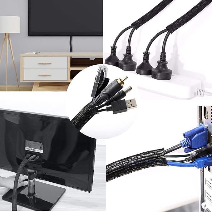 3/4" 25ft Expandable Braided Cable Sleeve Split Wire Loom Tubing – Pet-Proof Cord Protector for USB, Power Cords, Audio/Video Cables – Durable Wire Management Sleeving Black