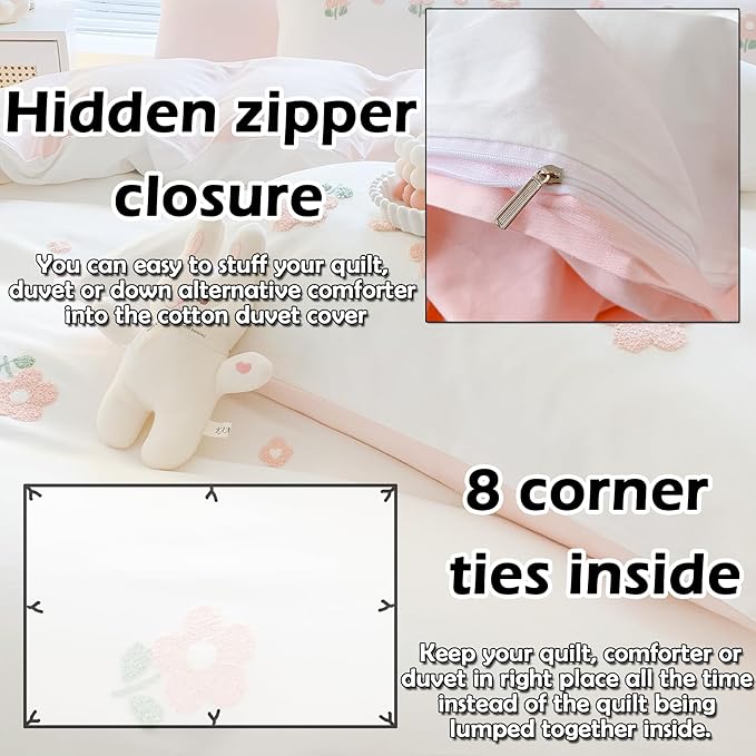 MorroMorn Twin Duvet Cover Cotton, 3D Embroidery Twin Bedding Sets, Cute Chenille Embroidered Comforter Covers Summer Blanket Soft Dry Sweat-Absorb for Girls Kids Teen (Flowers White, Twin/Twin XL)