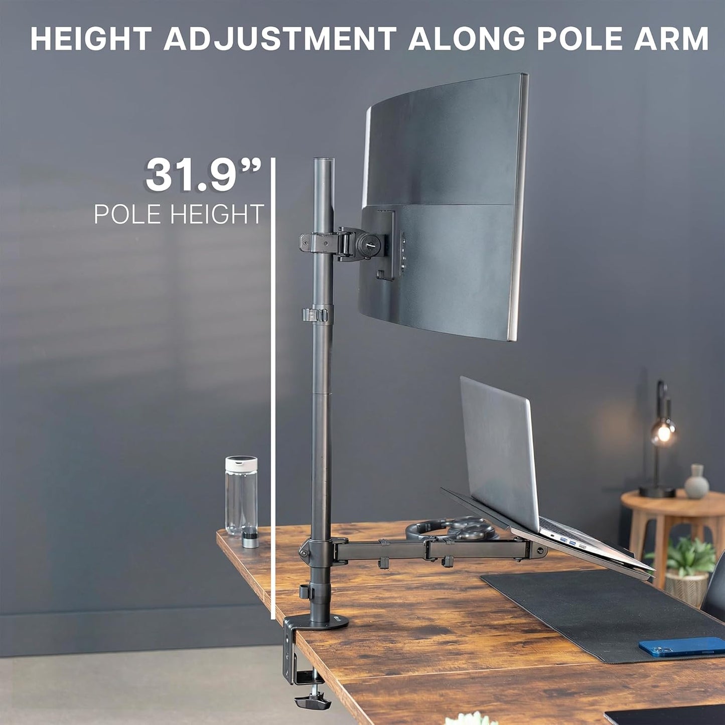 VIVO Extra Tall Desk Mount - Adjustable Clamp-On Stand for 49" Ultrawide & 17" Laptop | Supports 44 lbs, Black