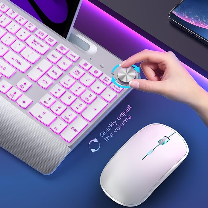 JOYACCESS Ergonomic Wireless Keyboard with Phone Holder,Rechargeable Backlt Wireless Keyboard Mouse Combo with Light Up Keys for for Laptop, PC, Mac, Windows-Silver White