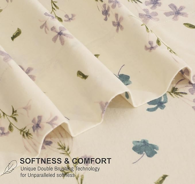 RUVANTI Flannel Sheets Split King Size - 100% Cotton Brushed Split King Bed Sheets Set - Deep Pockets 16 Inches - All Seasons Breathable & Extra Soft - Warm & Cozy, 5 Piece, Jasmine Stamp Cream