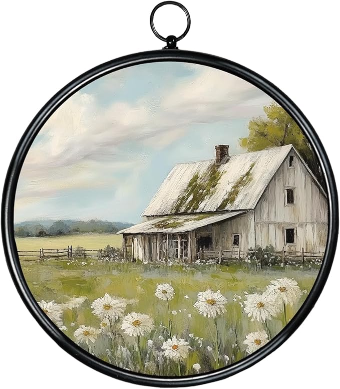 XIAOAIKA Round Vintage Wall Hanging Decor, Printed Textured Surface with Wood Back, Cottage Design, Black Metal Frame, Ready to Hang for Living Room Bedroom, 10 Inch