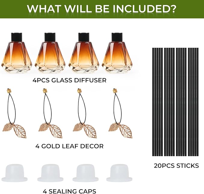 Reed Diffuser Set - 4 Empty Bottles with 20 Sticks, Delicate Gold Leaf Decor, Glass Fragrance Diffuser with Lids for Home, Bathroom | Refillable, Diamond Style (4 PCS Black)