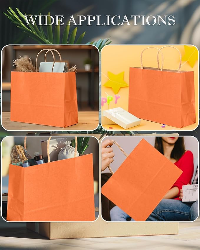 qiqee 13"x4.5"x10" Large Gift Bag with Handles Bulk 32PCS Gift Paper Bags Orange Bags Multiple Uses (Wide Large)