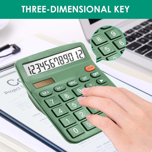 12 Digits Desktop Calculator - Large LCD Display, Dual Solar Power & Battery | Dark Green