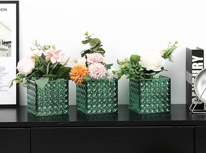 Square Vases Set of 6, 4" x 4" x 4" Square Glass Vases for Flowers, Green Flower Vase for Centerpieces, Small Bubble Vase for Wedding, Party, Home, Office, Parties, Events