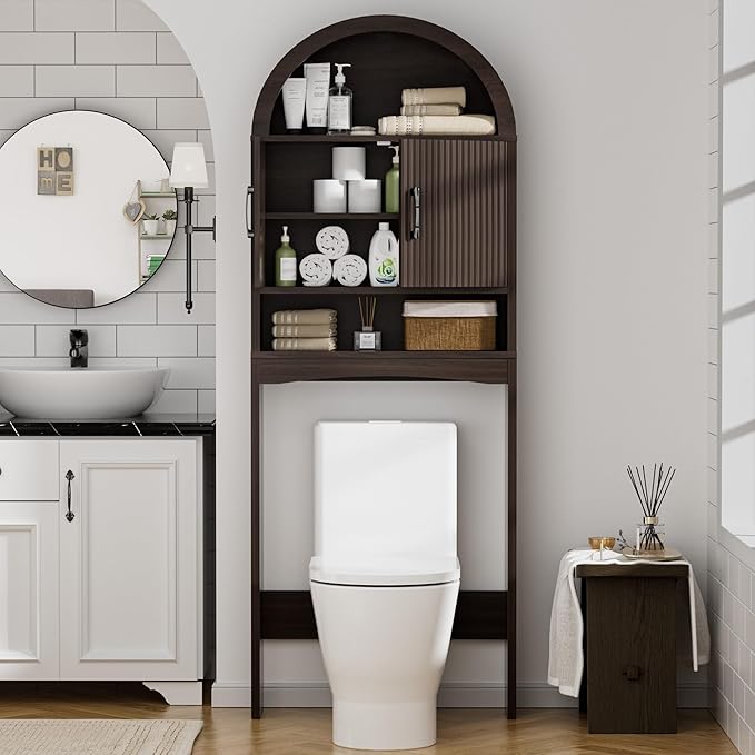 Spurgehom Over The Toilet Storage Cabinet, Bathroom Shelf Organizer Freestanding, Bathroom Arch Cabinet Over Toilet with Toilet Paper Holder and Anti-Tipping Device (Narrow Style-Coffee)