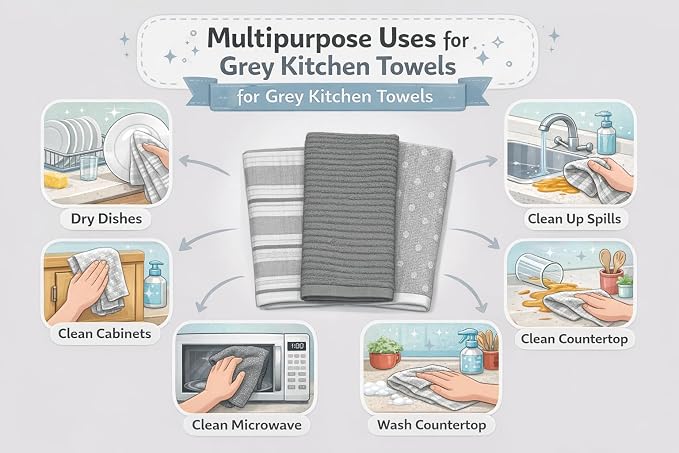 Grey White Kitchen Hand Dish Towels: Oversized 28" x 16",100% Cotton Cloth Soft Cleaning Drying Absorbent Gray Striped Solid Polka Dot Design, Set of 3 Multipurpose for Everyday Use (Grey Austin)