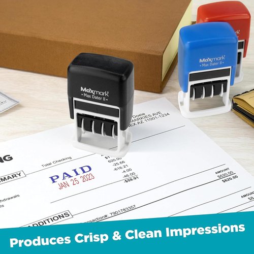 MaxMark Self-Inking Rubber Date Office Stamp - Red Ink with Scanned Phrase & 12-Year Band