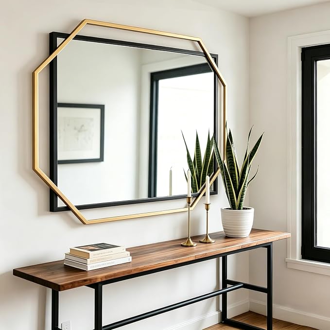 48.5"x32.5" Large Living Room Wall Mirror, Black and Gold Bathroom Mirror, Modern Decorative Metal Frame, for Dining Room, Entryway, Vanity Table, Console Table