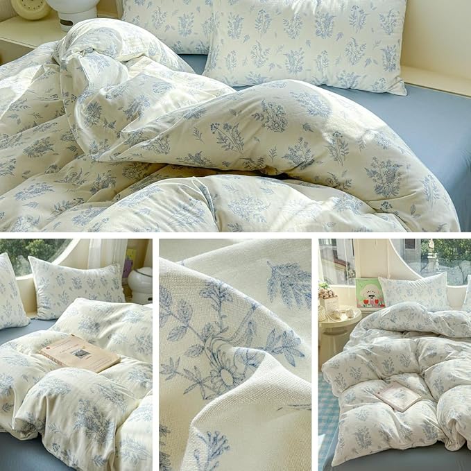 LifeTB Muslin Duvet Cover Set King Vintage Botanical Floral Duvet Cover 100% Cotton Linen Feel Flower Bedding Set Super Soft Gauze Comforter Cover Breathable Lightweight Cottagecore Bedding Set