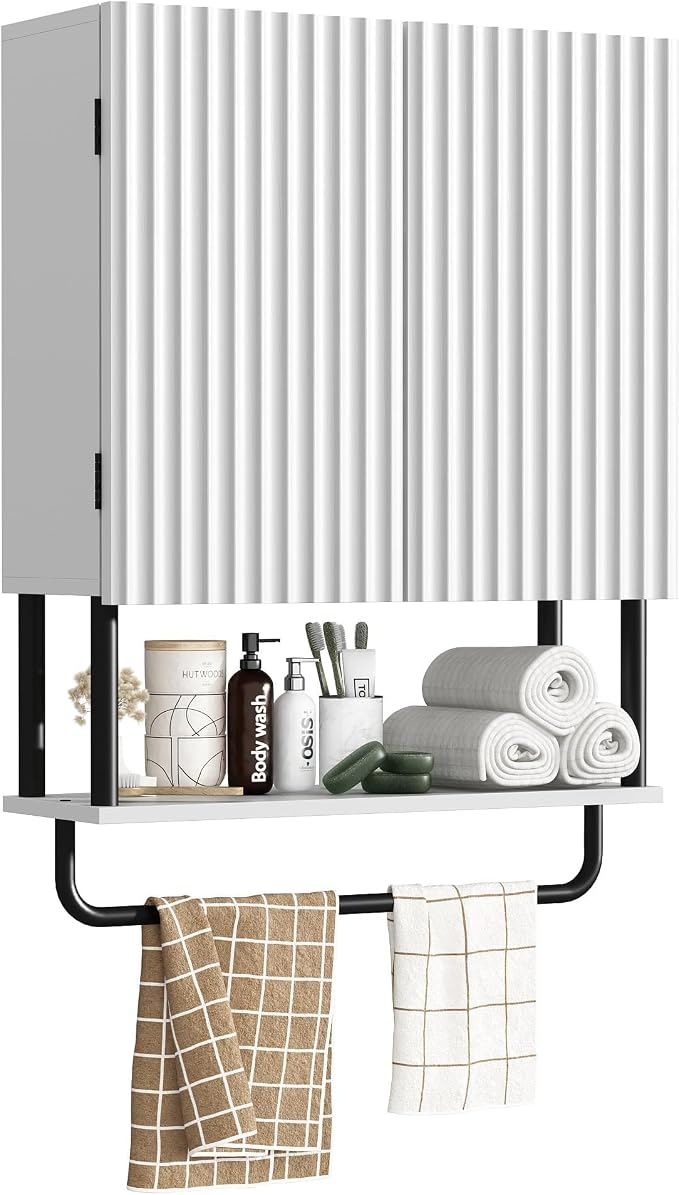 RUSTOWN Fluted Bathroom Wall Cabinet with 2 Doors, 3-Tier Modern Farmhouse Medicine Cabinet, Over the Toilet Storage Cabinet with Adjustable Shelf and Towel Bar (White, Medium)
