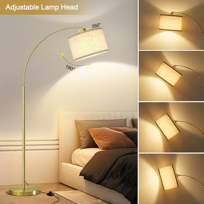 Luvkczc Arc Floor Lamp, 71" Tall Standing Lamp with On/Off Foot Switch, Gold Floor Lamp for Living Room with Adjustable Drum Lampshade, Over Couch Arched Reading Light for Reading, Bedroom, Office