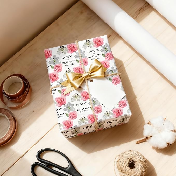 Fosteonix Custom Blooming Love Gift Wrapping Paper, Ideal for Couples Women Men, Personalized Floral Wrapping Paper for Christmas Birthday Wedding Party 58" x 23" Gift Wrap Roll
