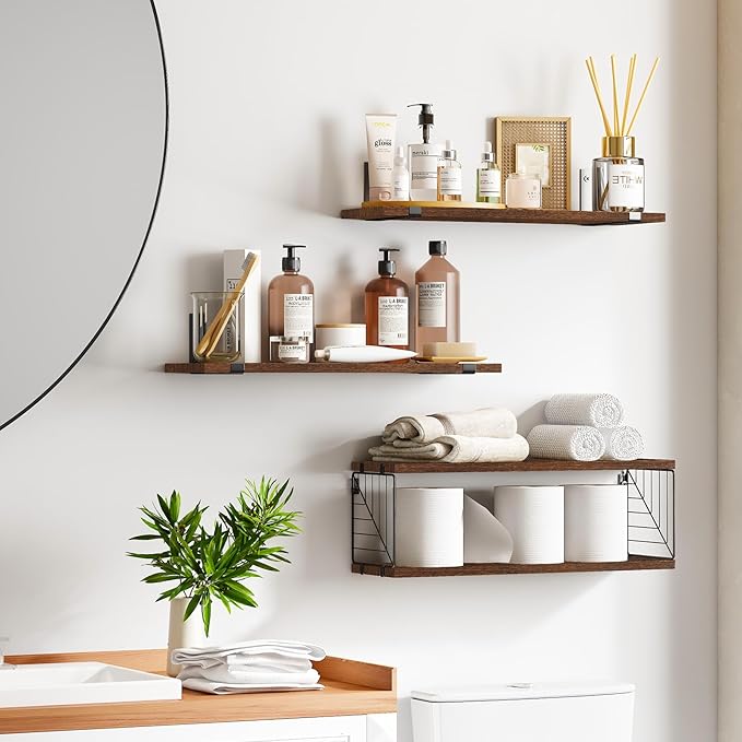 Fixwal Bathroom Floating Shelves Over Toilet, 15.8in Farmhouse Rustic Wood Shelves, Wall Decor for Bathroom, Living Room, Bedroom and Kitchen (3 Plus 1 Tier Dark Brown)