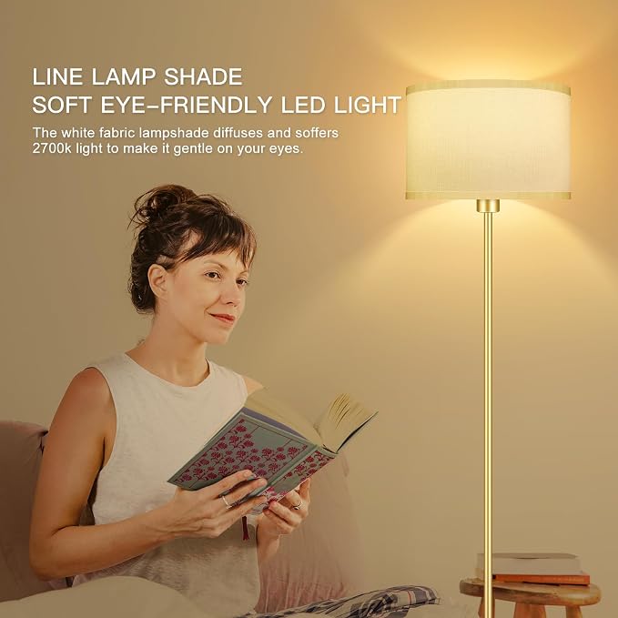 Gold Floor Lamps for Living Room, Modern Standing Lamp, White Lamp Shades, Foot Switch, Simple Pole Lamps Tall Lamp for Bedroom,Office/Living Room/Nightstand, Boho Reading Lamp(Bulb Not Included)