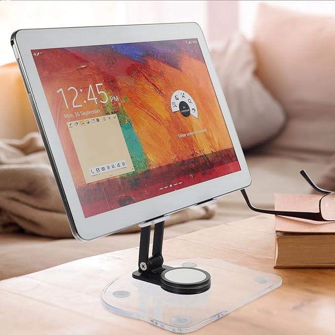 VERDANVERSE Adjustable Acrylic Folding Tablet and Phone Stand for Desk, 360° Rotatable Holder Compatible with Ipad and Laptop, Black, Suitable for Home and Office Use