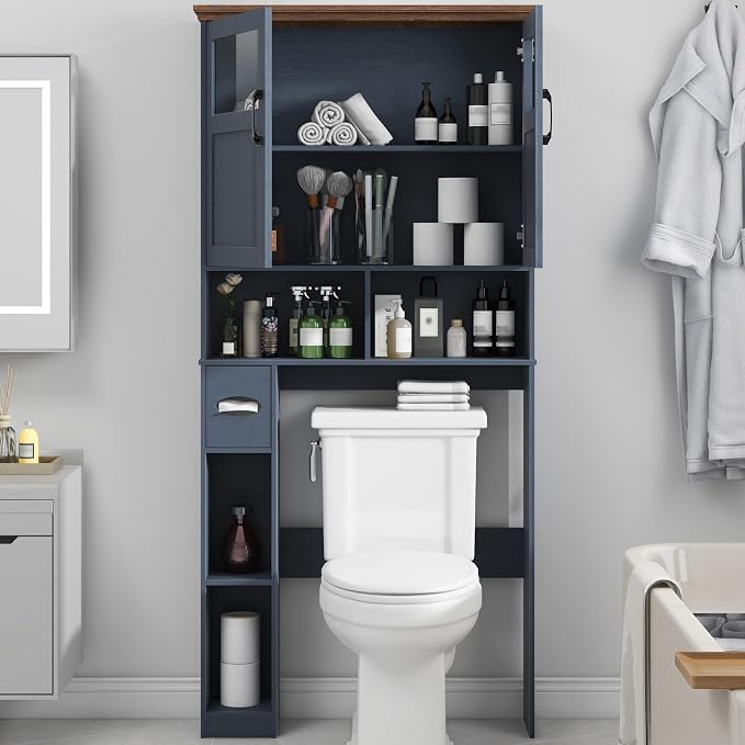Vabches Over The Toilet Storage Cabinet, Storage Cabinet Over Toilet with Double Doors & Toilet Paper Holder Stand, Freestanding Toilet Shelf Space Saver with Anti-Tip Design & Adjustable Shelf, Blue